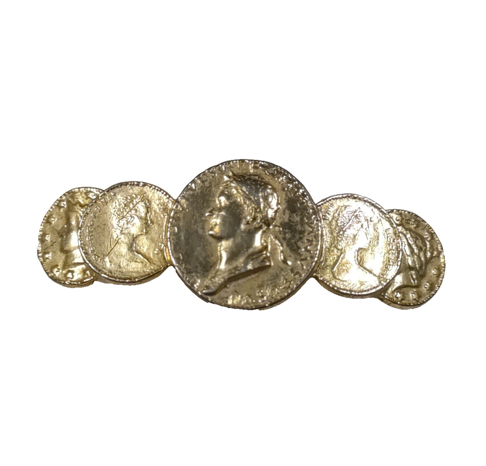 Hair Barrette Tension Clip Gold Tone Coins Banking Career